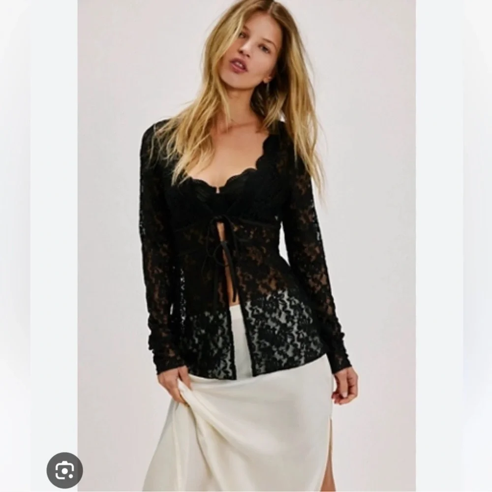 New Free People Daylight Long-Sleeve Lace Top Black XS